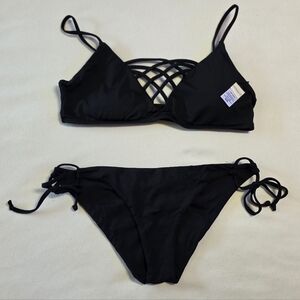 L*Space 2 piece Bikini Set Black Ruched Side Tie Bottoms Med, Jamie Top D